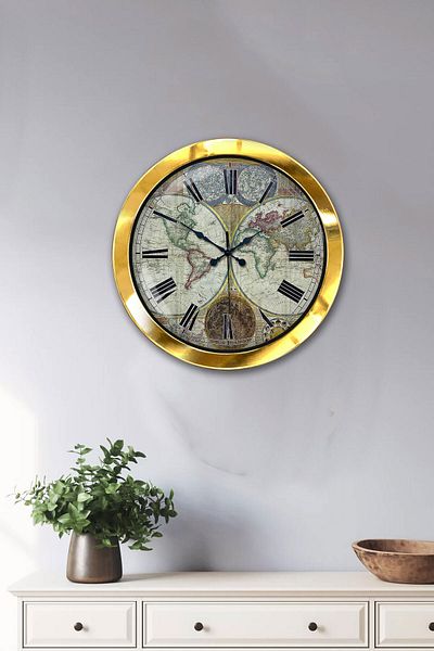 Kasva Concept Gift 36 cm Gold Metal Map Wall Clock