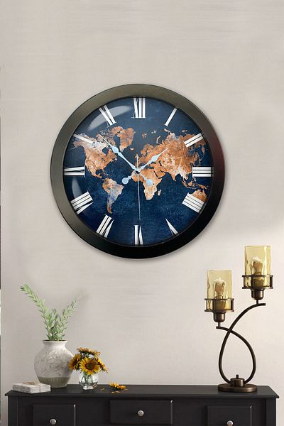 Kasva Concept Cadou 36 Cm Ceas de Perete Harta Lumii din Metal Negru