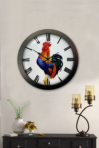Kasva Concept Gift 36 cm Black Metal Rooster Wall Clock