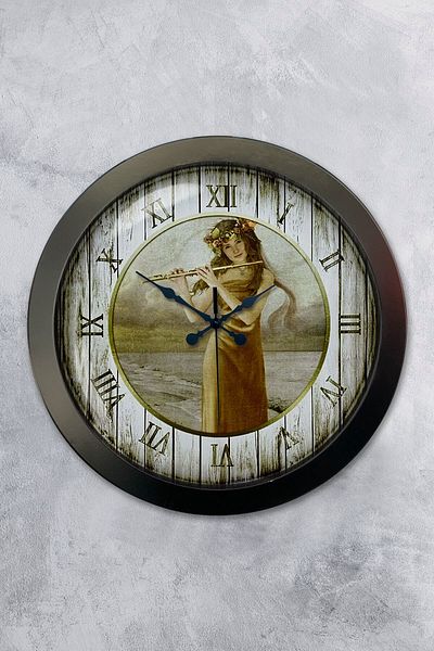 Kasva Concept Gift 36 cm Black Metal Girl Playing Flute Wall Clock