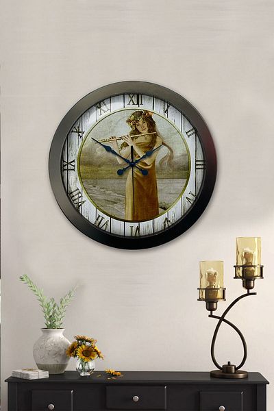 Kasva Concept Gift 36 cm Black Metal Girl Playing Flute Wall Clock