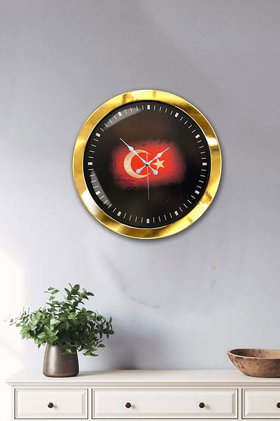Kasva Concept Δώρο 36 εκ. Χρυσό Μεταλλικό Ρολόι Τοίχου Τουρκικής Σημαίας