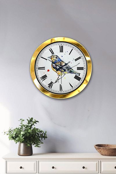 Kasva Concept Gift 36 cm Gold Metal Bird Drawing Wall Clock