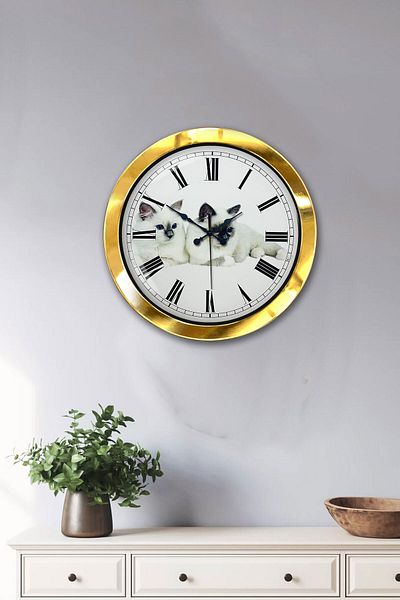 Kasva Concept Δώρο 36 εκ. Χρυσό Μεταλλικό Ρολόι Τοίχου Γάτας