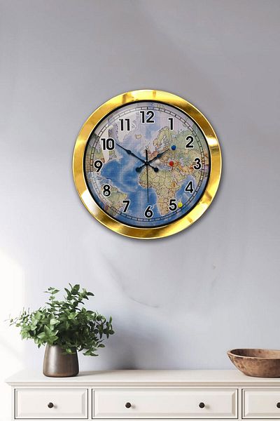 Platin Saat Gift 36 cm Gold Metal Map Wall Clock