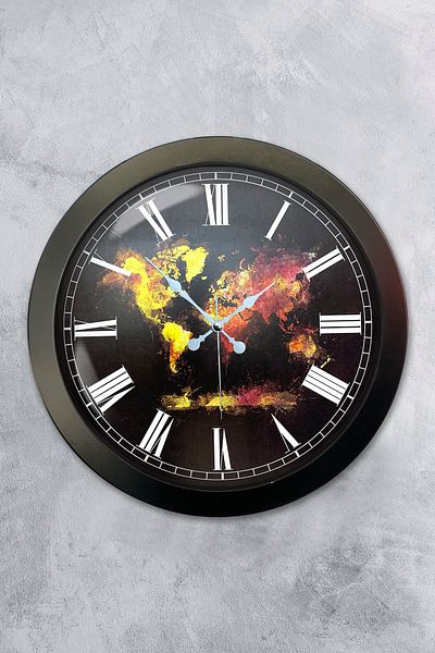 Platin Saat 36 cm Black Metal World Map Wall Clock