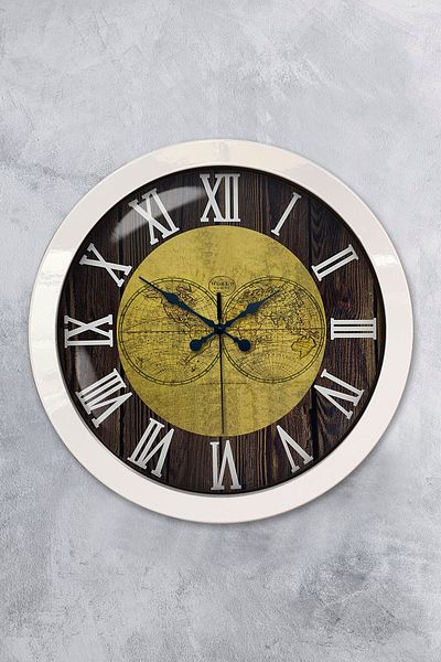 Platin Saat 36 cm White Metal World Maps Wall Clock