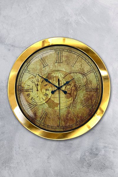 Platin Saat 36 cm Gold Metal Map Wall Clock