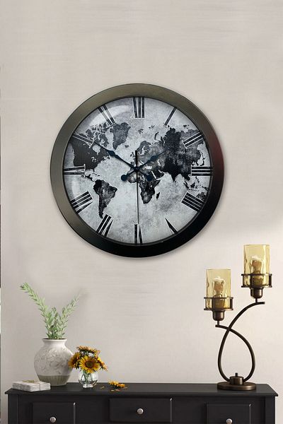 Kasva Concept Gift 36 cm Black Metal Antique World Wall Clock