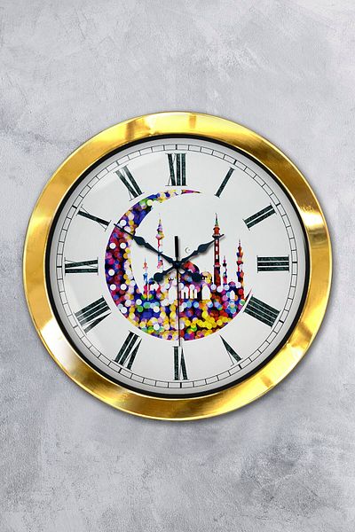 Kasva Concept Gift 36 cm Gold Metal Crescent and Mosque Wall Clock