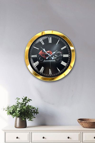 Kasva Concept Δώρο 36 εκ. Χρυσό Μεταλλικό Ρολόι Τοίχου Μοτοσικλέτας
