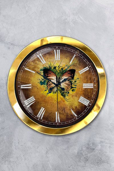 Kasva Concept Gift 36 cm Gold Metal Butterfly Wall Clock