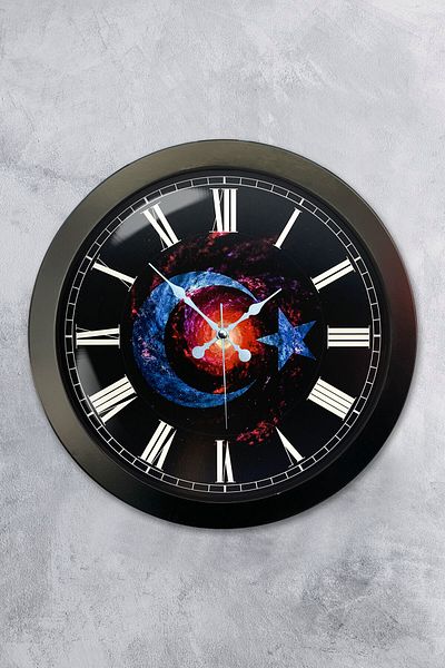 Kasva Concept Gift 36 cm Black Metal Turkish Flag Wall Clock