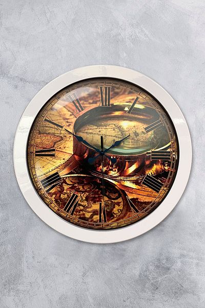 Platin Saat Gift 36 cm White Metal Map Wall Clock