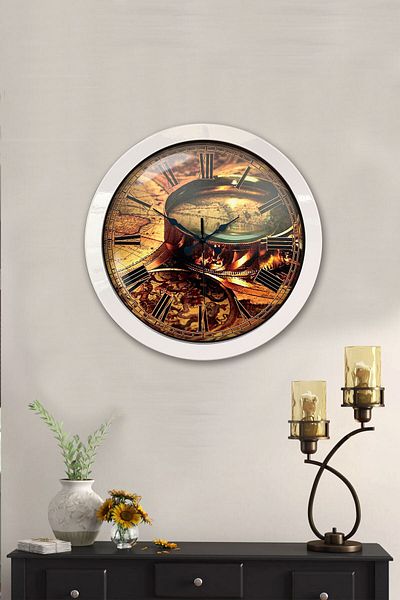 Platin Saat Gift 36 cm White Metal Map Wall Clock