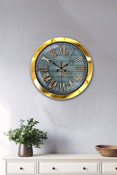 Kasva Concept Ceas de perete cu aspect de lemn din metal auriu de 36 cm