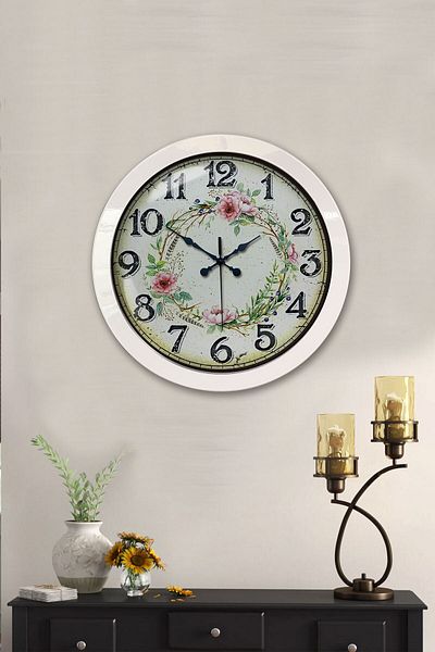 Kasva Concept Gift 36 cm White Metal Flower Crown Wall Clock