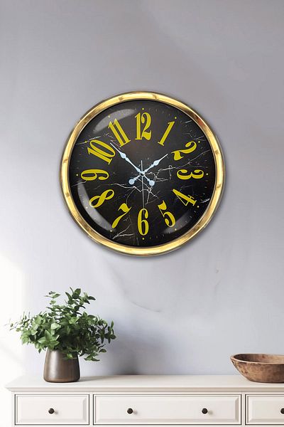 Kasva Concept Gift 40 cm Gold Metal Classic Yellow Wall Clock Yellow Color