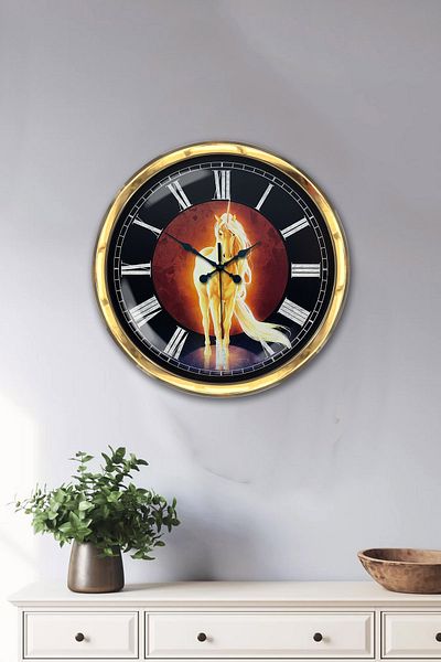 Kasva Concept Gift 40 cm Gold Metal Horse Wall Clock