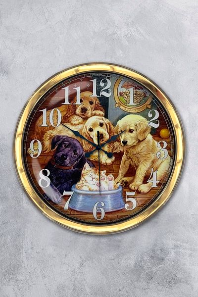 Kasva Concept Gift 40 cm Gold Metal Dogs Wall Clock Clock