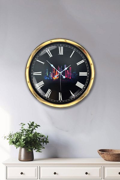Kasva Concept Gift 40 cm Gold Metal Skyscrapers Wall Clock