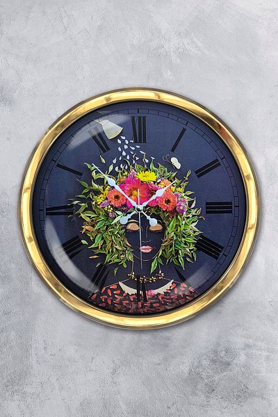 Kasva Concept Gift 40 cm Gold Metal Flowers Rose Wall Clock Clock