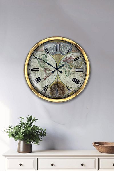 Platin Saat Gift 40 cm Gold Metal Map Wall Clock