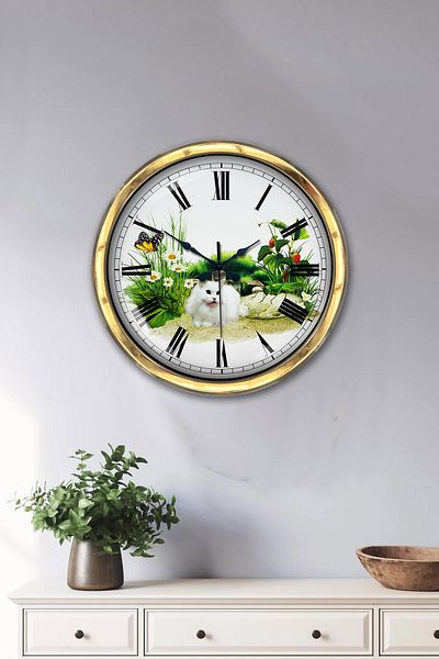 Kasva Concept Δώρο Γάτα 40 εκ. Χρυσό Μεταλλικό Ρολόι Τοίχου Φυσικής Ζωής