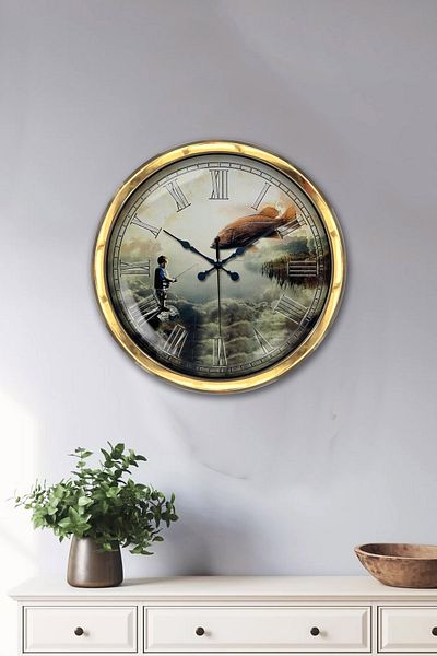 Kasva Concept Gift 40 cm Gold Metal Fish Children Different Lives Wall Clock