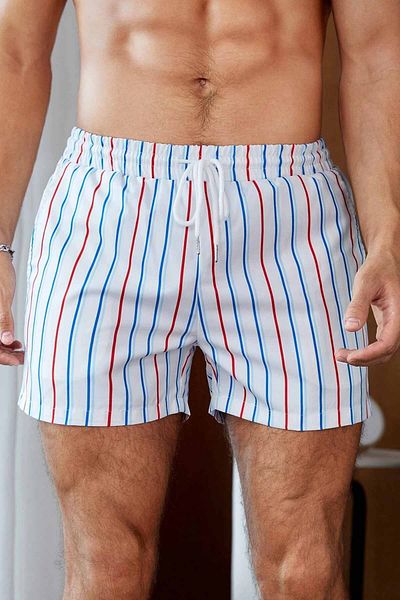 Angelsin Bunter Badeanzug für Herren mit Streifenmuster und Aufdruck - Badeshorts in Standardgröße mit Taschen