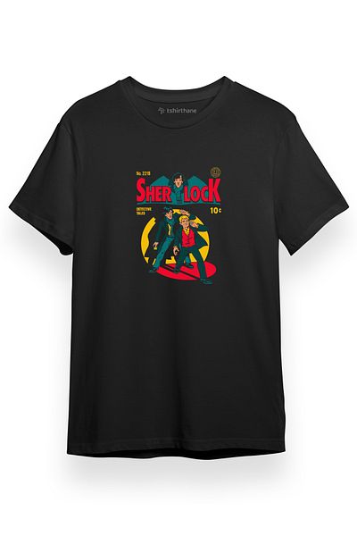 Tshirthane Ανδρικό μπλουζάκι με κοντομάνικο μαύρο κόμικ Sherlock
