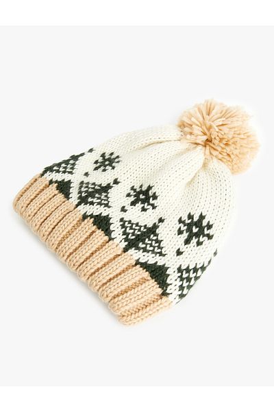 Koton Ethnisch gemusterte Strickmütze – Pompon-Detail