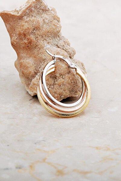 Sümer Telkari 24 Mm Üç Renkli Tasarım Gümüş Halka Küpe 7055