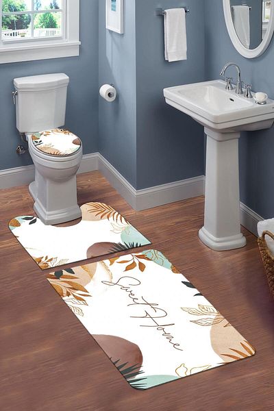 Doruklar Home Collection Set de toaletă cu model modern din 3 piese cu bază anti-alunecare - Set covoraș lavabil