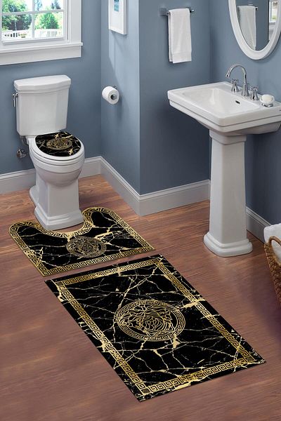 Doruklar Home Collection Σετ καθίσματος τουαλέτας 3 τεμαχίων που πλένεται με αντιολισθητική βάση με διακοσμητικό σχέδιο Σετ χαλάκι μπάνιου