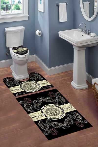 Doruklar Home Collection Σετ καθίσματος τουαλέτας 3 τεμαχίων που πλένεται με αντιολισθητική βάση με διακοσμητικό σχέδιο Σετ χαλάκι μπάνιου