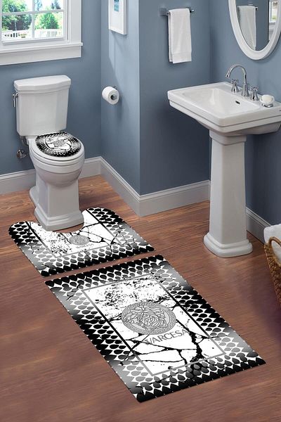Doruklar Home Collection Σετ καθίσματος τουαλέτας 3 τεμαχίων που πλένεται με αντιολισθητική βάση με διακοσμητικό σχέδιο Σετ χαλάκι μπάνιου