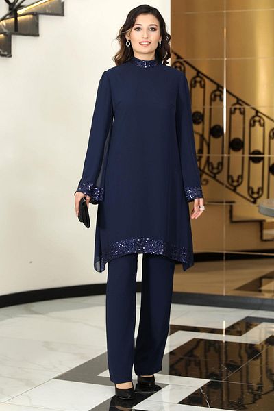 Modaviki Σετ χιτώνα και παντελόνι Navy Blue Umay Chiffon - ELB68