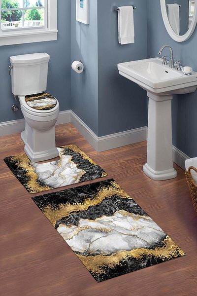 Doruklar Home Collection Set de scaune de toaletă antiderapante, cu model de marmură decorativă, 3 piese - Set de covorașe de baie
