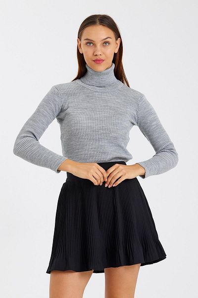 odelon Pulover de damă din tricot din lână cu nervuri din melange gri - cu gât