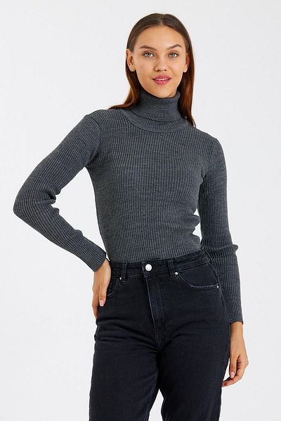 odelon Pulover de damă din tricot din lână cu gât cu nervuri - antracit