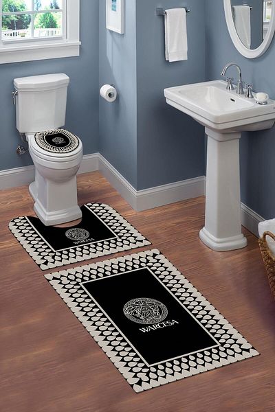 Doruklar Home Collection Σετ μπάνιου με διακοσμητικό σχέδιο 3 τεμαχίων με αντιολισθητικό σημείο που πλένεται