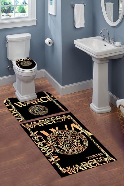Doruklar Home Collection Σετ καθίσματος τουαλέτας 3 τεμαχίων που πλένεται με αντιολισθητική βάση με διακοσμητικό σχέδιο Σετ χαλάκι μπάνιου