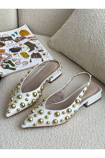 ERVANIN BUTİĞİ Gold Drop Patent Leather White Women's Ballerinas