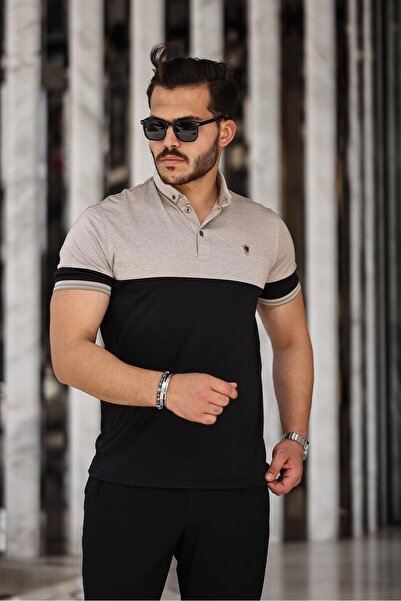 Miron Бежова тениска с къс ръкав с поло яка и черна хартия - 2402