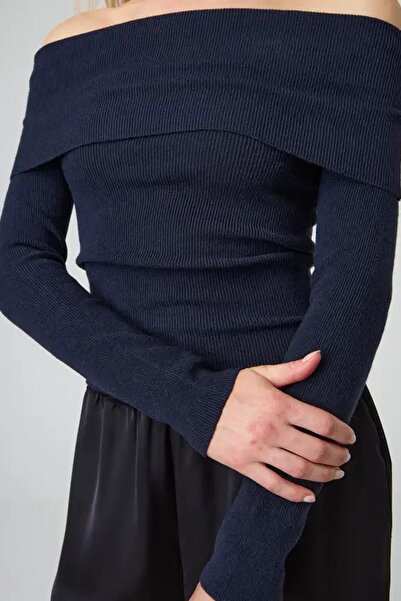 Madmext Mg2184 Model Navy Blue Madonna Collar Sweater - Long Sleeve