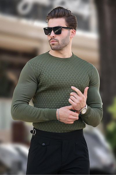 Madmext Khaki Patterned Men's Knitwear Sweater 7266