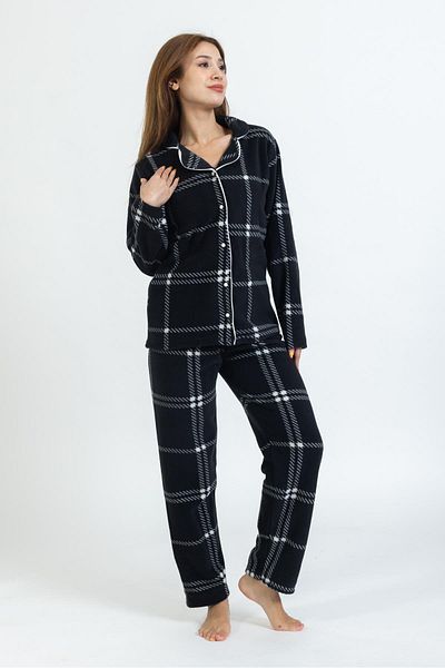 Pemilo Women's Button-Front Shirt Collar Fleece Pajama Set GRAY-BLACK