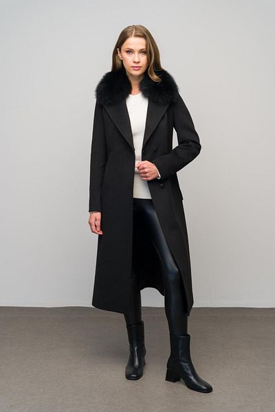 Olcay Black Cashmere Coat - Fur Collar, Point Stitching, 3542-Tk