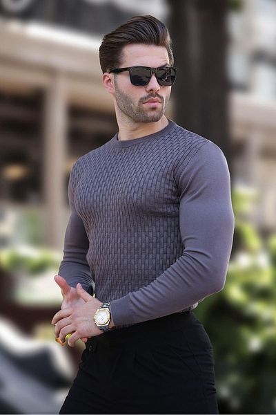 Madmext Men's Knitwear Sweater - Dark Gray Patterned, Model 7266